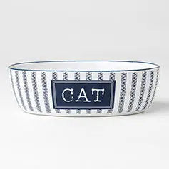 Country Blue Cat Bowl 7" Overall White/Navy, 2 Cups.