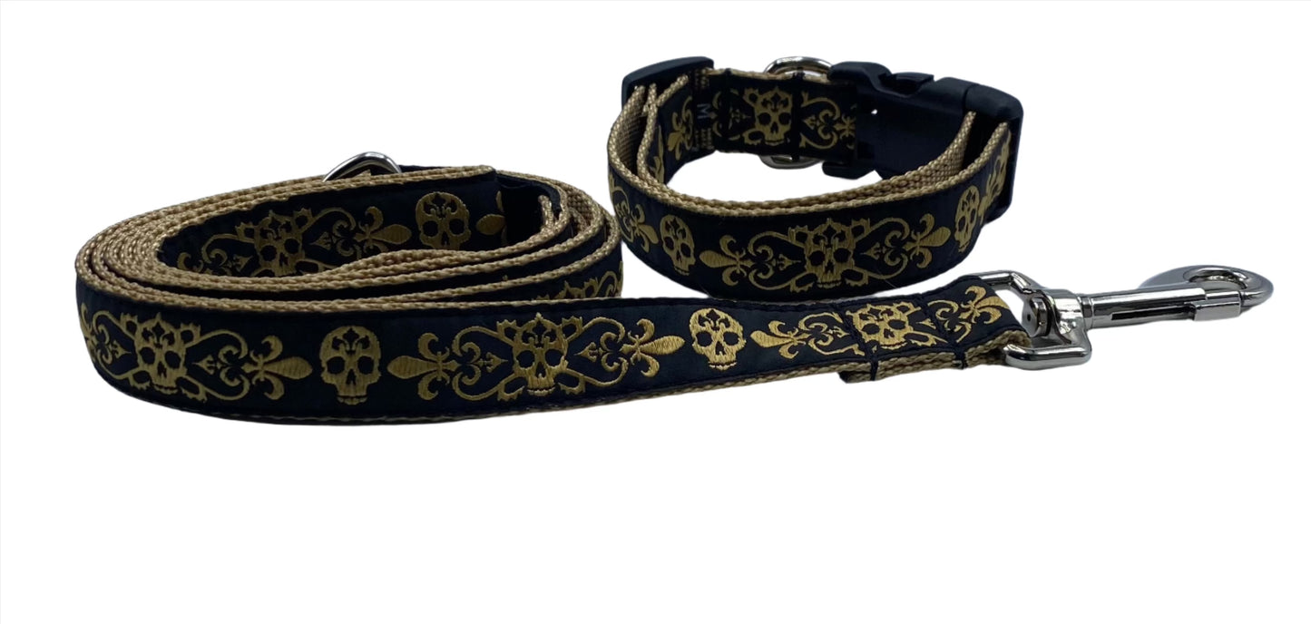 Gold Spooky Skulls Dog Collars or Leads (3/4" Wide).