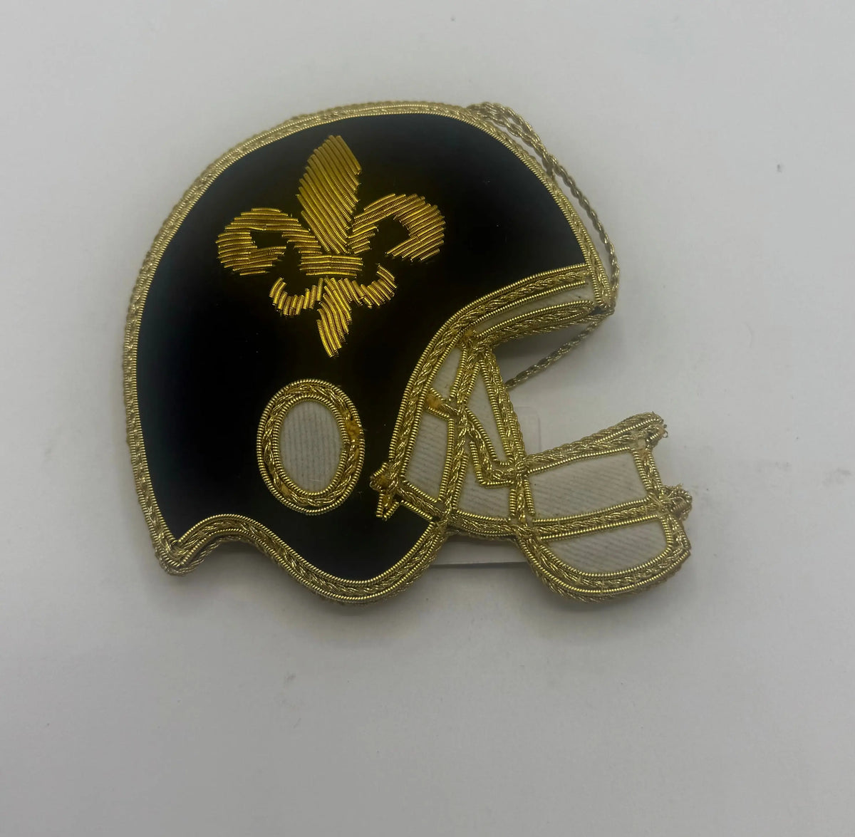 Black & Gold Football Helmet Embroidered Christmas Ornament. Nola Tawk