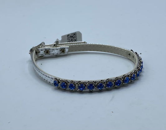 Silver Metallic Dog Collar with Blue Rhinestone Flowers