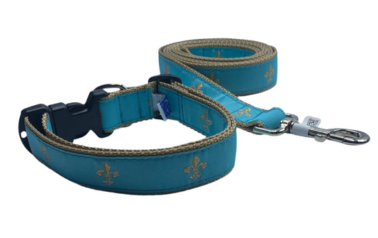 Teal Fleur De Lis Dog Collars, Harnesses, & Leads