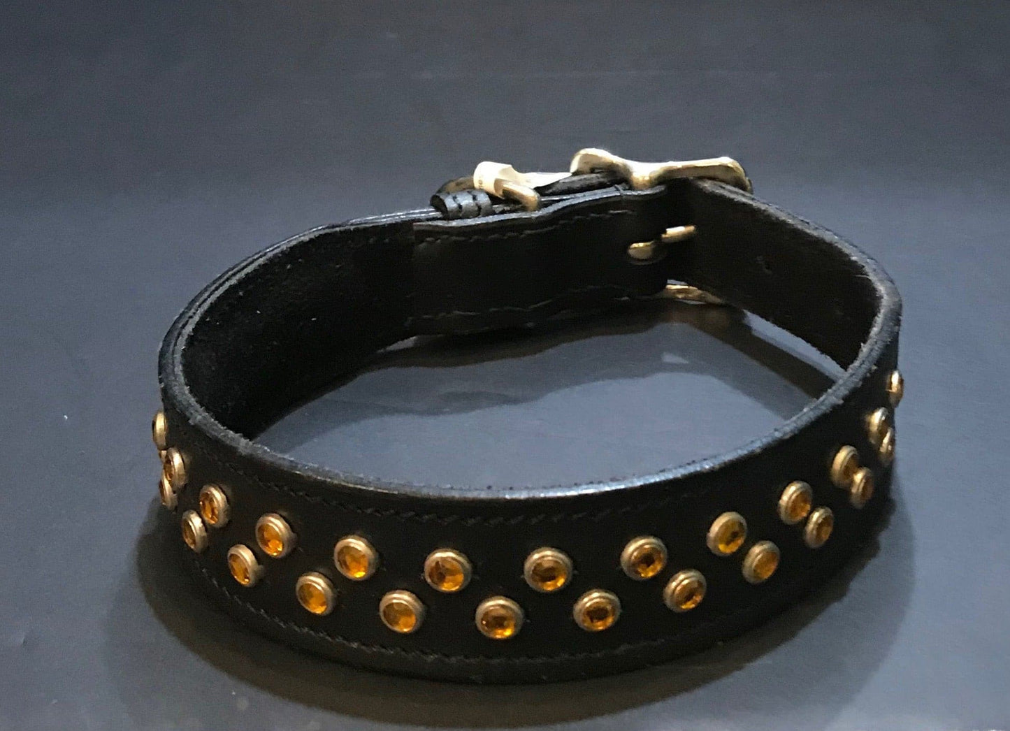 Leather Collar with Yellow Rhinestones.