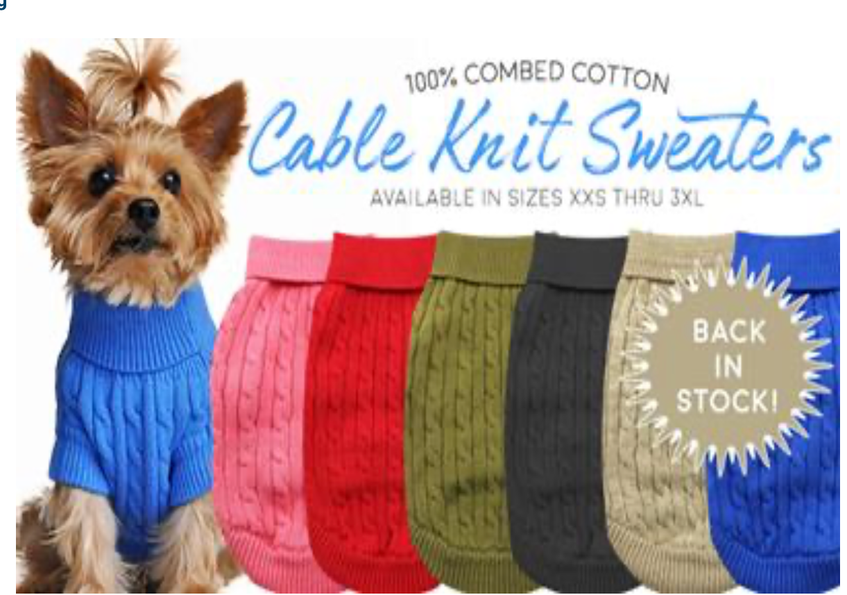 100% Combed Cotton Cable Knit Dog Sweater.