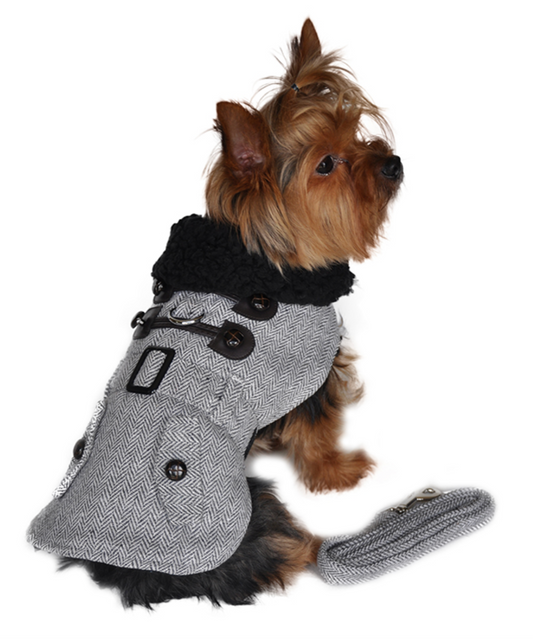 Grey Herringbone Dog Harness Coat with Matching Leash