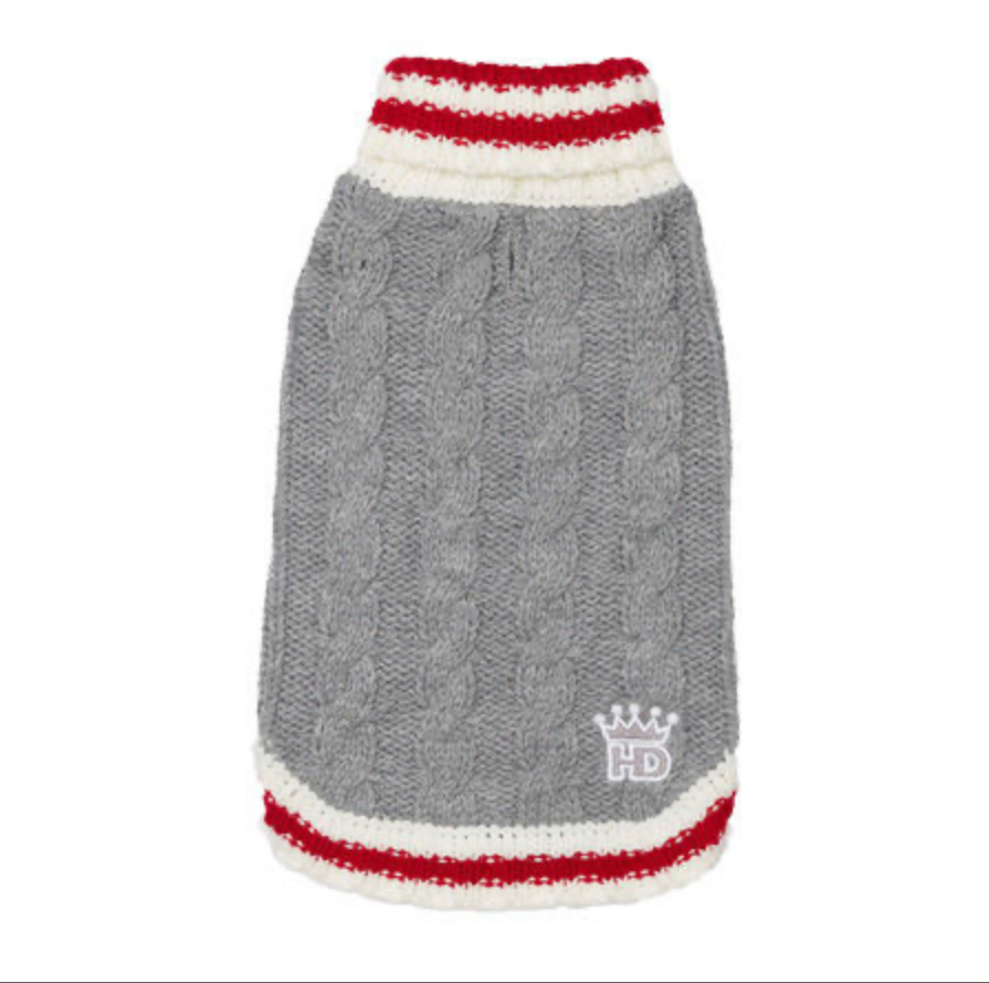 Gray Cable Knit Pet Sweater with Red/White Turtleneck.