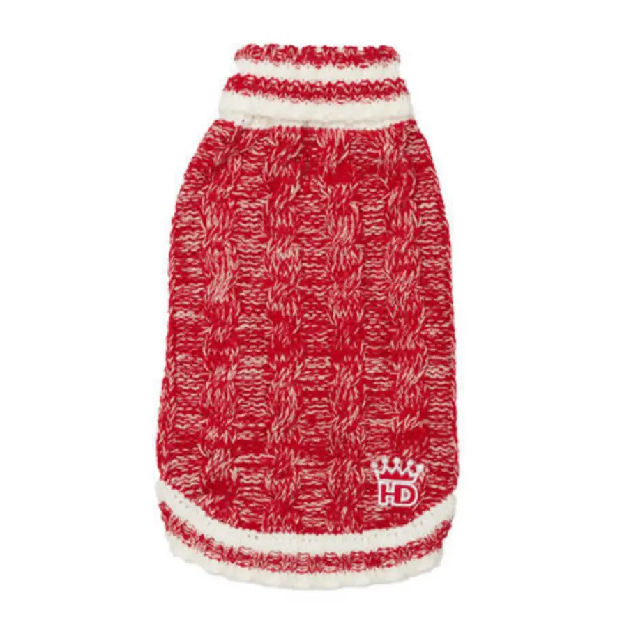 Red Cable Knit Pet Sweater with Red/White Turtleneck.
