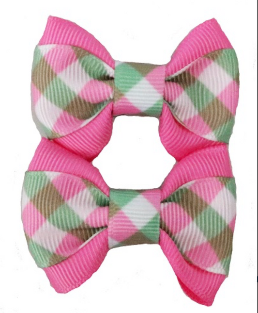 Pink/Green Gingham on Pink Hair Bows