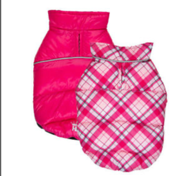Pink / Plaid Flex-Fit Reversible Pet Puffer Coat.