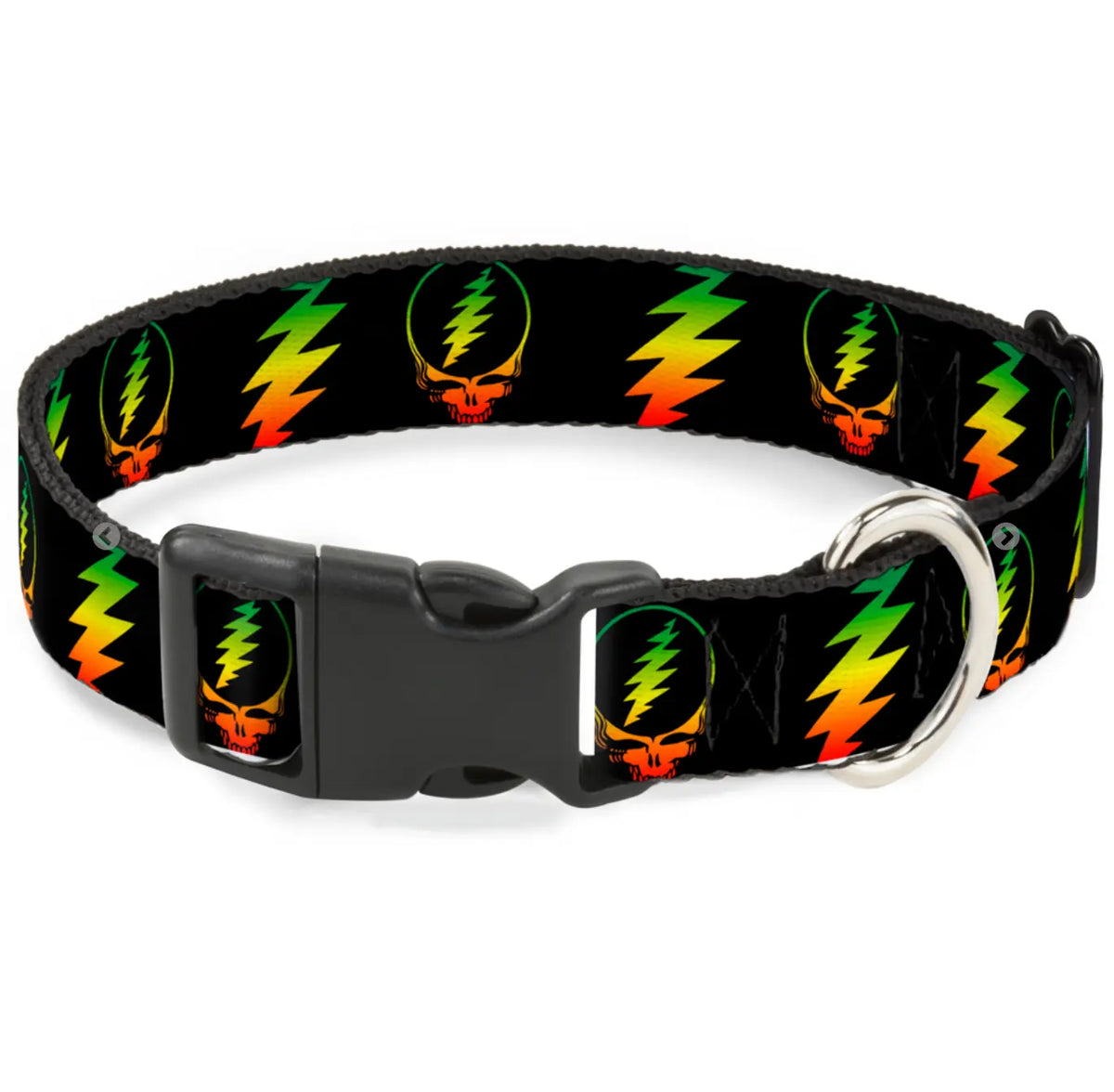 Plastic Clip Dog Collar -Steal Your Face w/Lightning Bolt Repeat Black/Rasta.