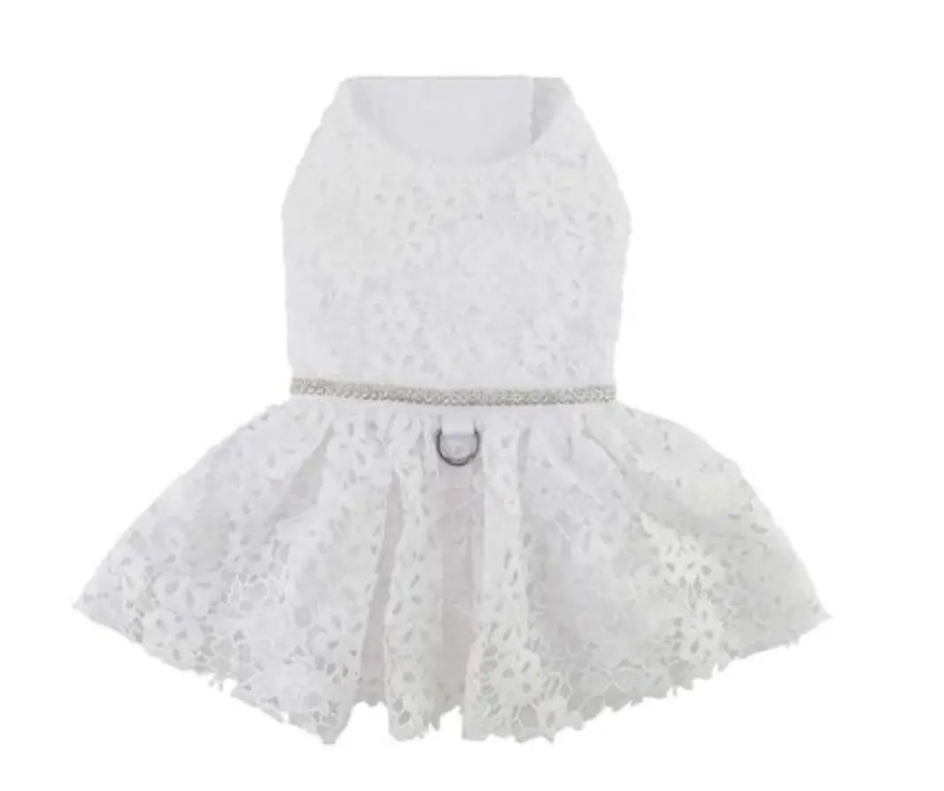 White Lace Wedding Dog Dress w/ Leash & D-Ring Doggie Design