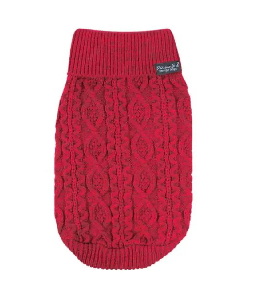 Cable Knit Sweater, Red Parisian Pet