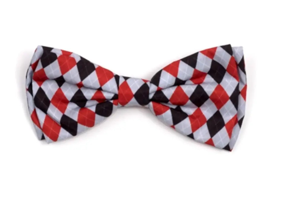Preppy Argyle Red/Gray Bow Tie The Worthy Dog