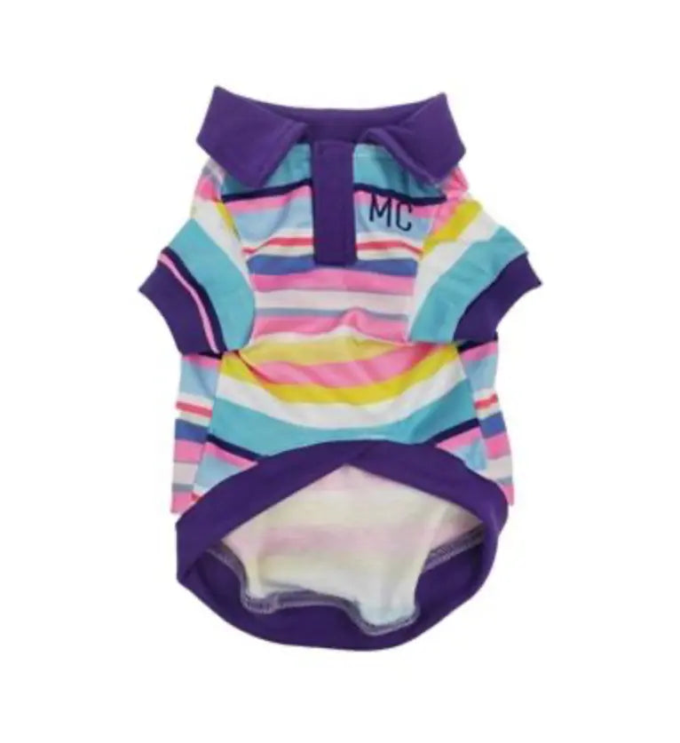 Multi-striped polo Pet shirt - Blue/Pink/Yellow stripe with Purple trim Barkers Bowtique