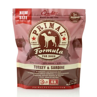 Primal Nuggets Frozen Dog Food - Turkey & Sardine Formula.