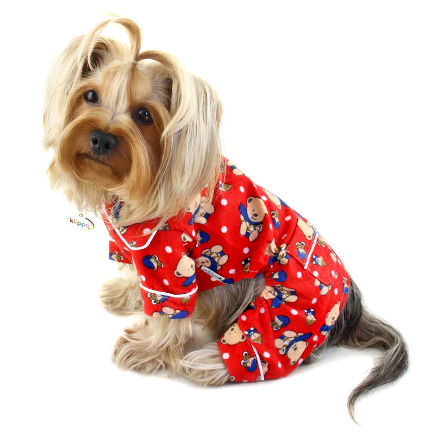 Winter Teddy Bear Dog Flannel PJ with 2 Pockets.