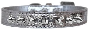 Double Crystal and Spike Croc Dog Collar Silver.