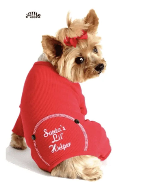 Christmas Red "Santa's Lil' Helper" Embroidered Dog Pajama.