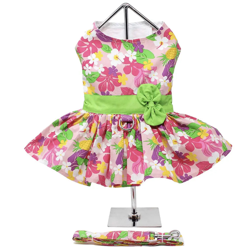Pink Hawaiian Floral Dog Dress w/ Leash & D-Ring.