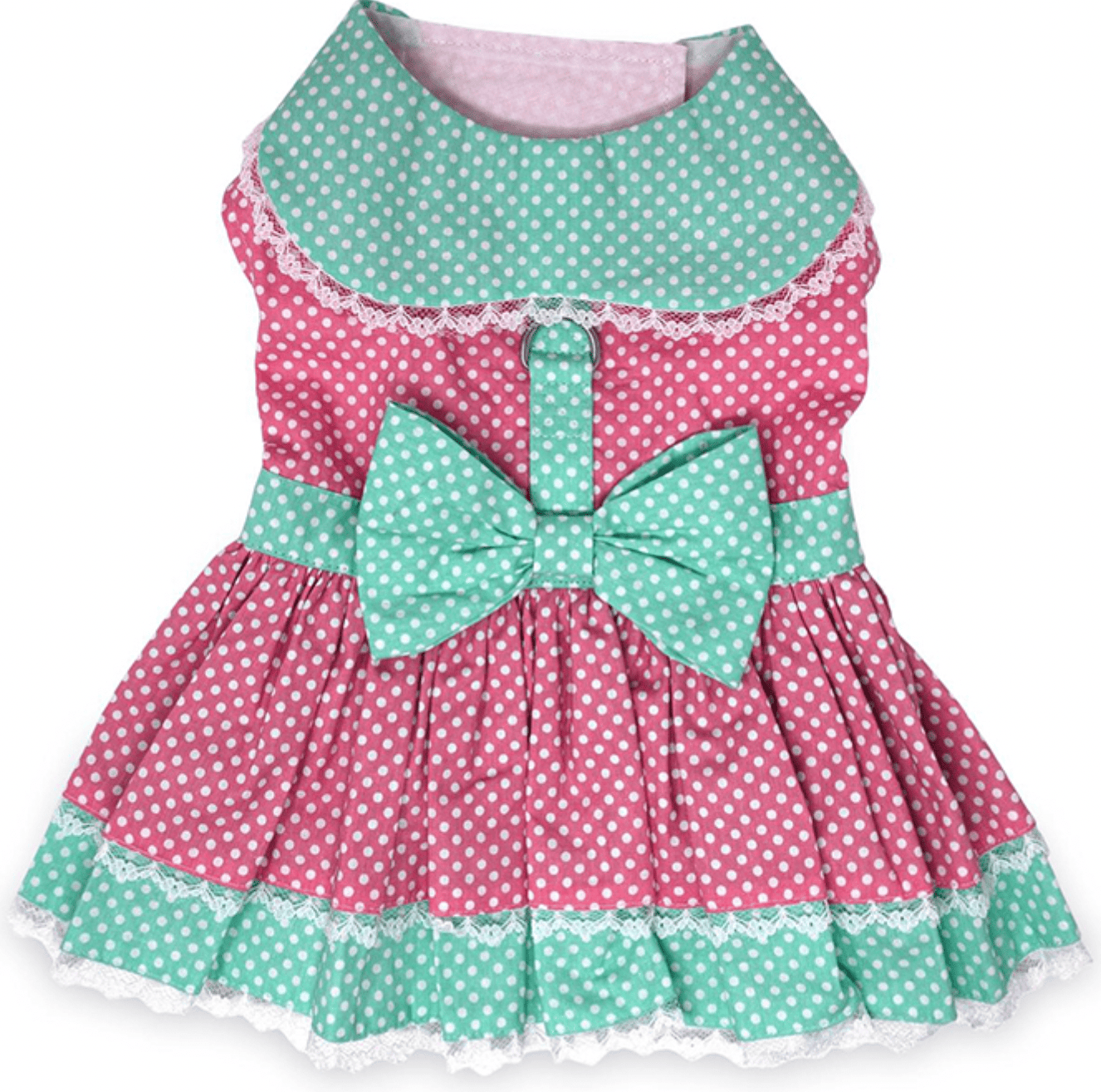 Polka Dot and Lace Dog Dress Set with Leash - Pink and Teal.