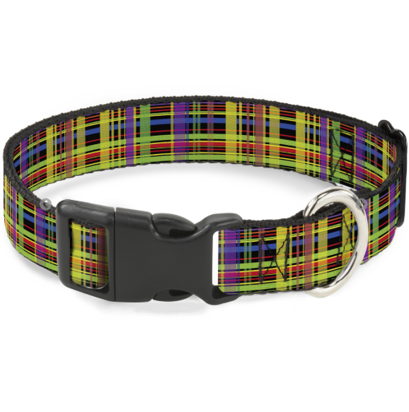 Plastic Clip Collar - Plaid Black/Multi Neon.