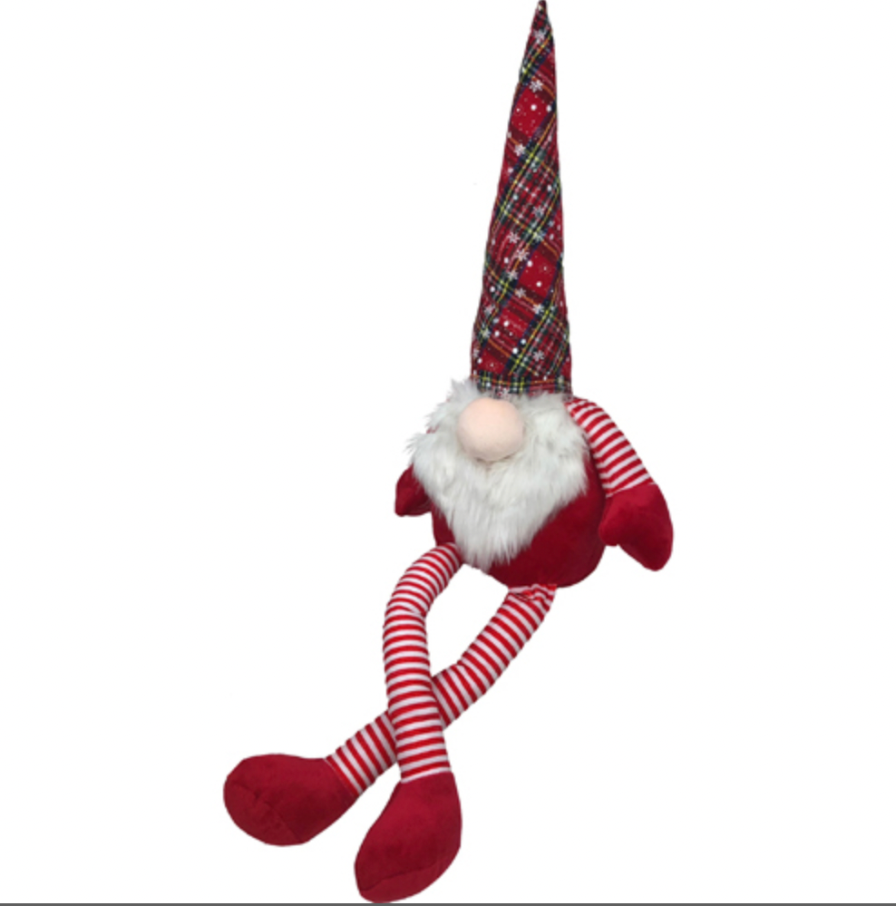 19" long gnome-shaped dog toy with long legs.