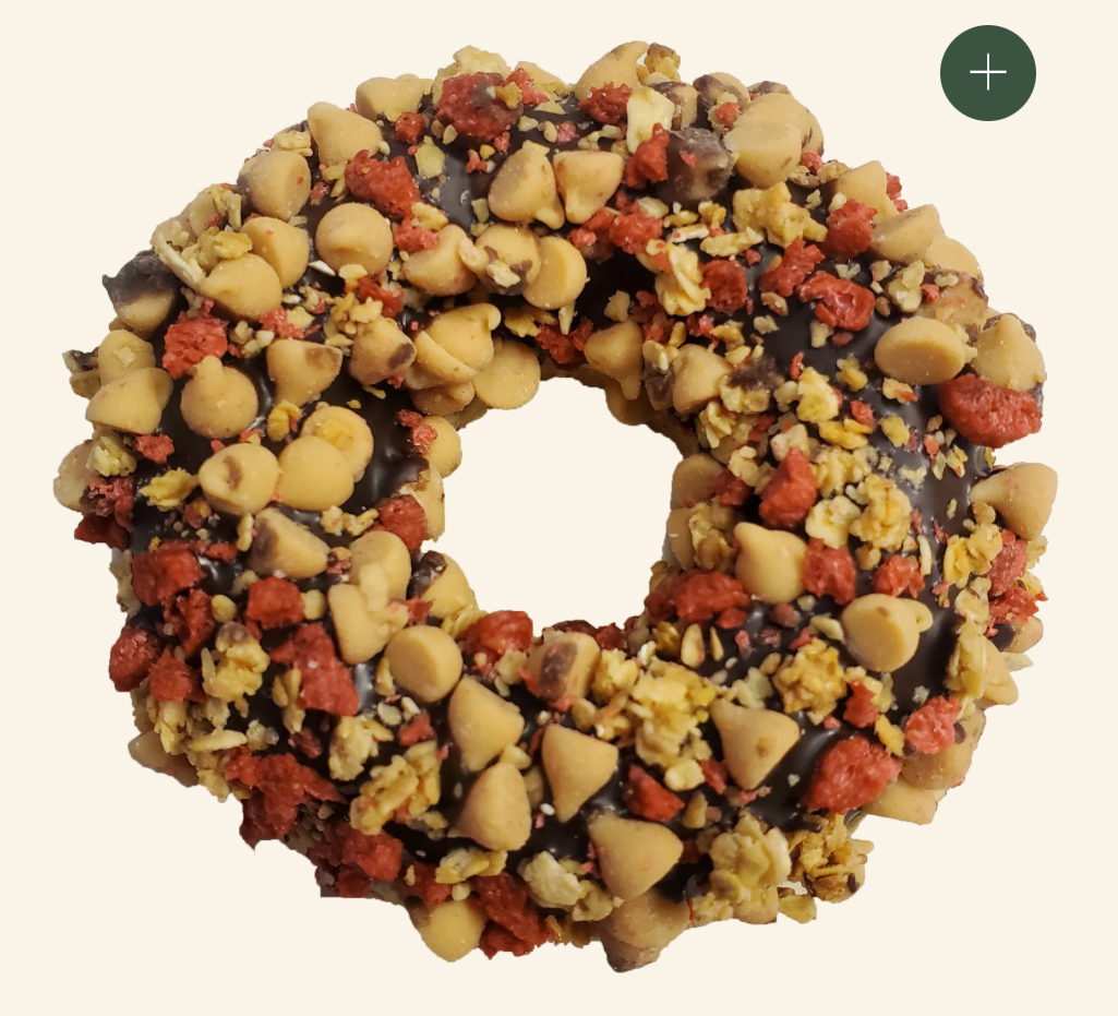 Gourmet Donut, Carob PB n' Bacon Crunch Donut Dog Treat.