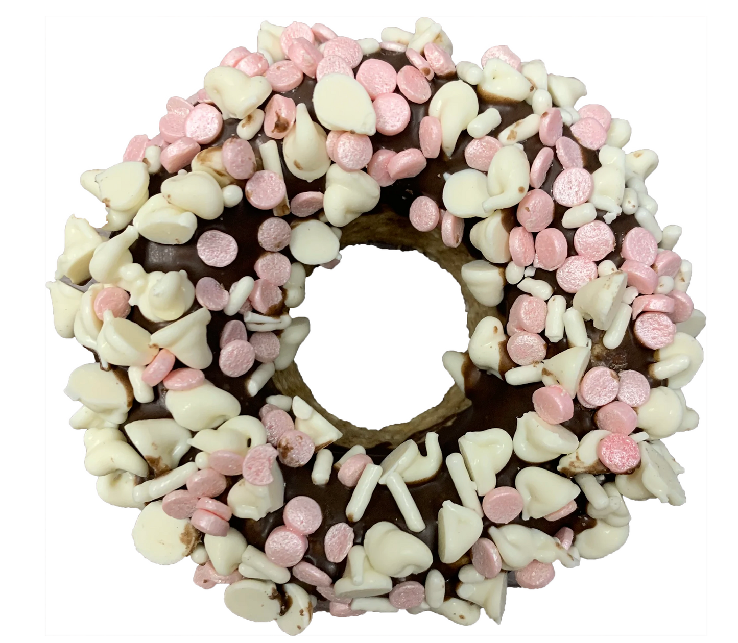 Chocolate (Carob) Covered Strawberry Donut Dog Treat.