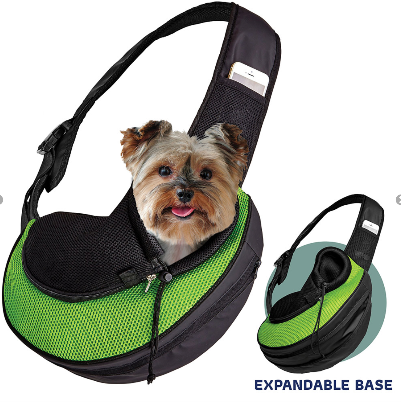 Green Expandable Pet Sling Bag.