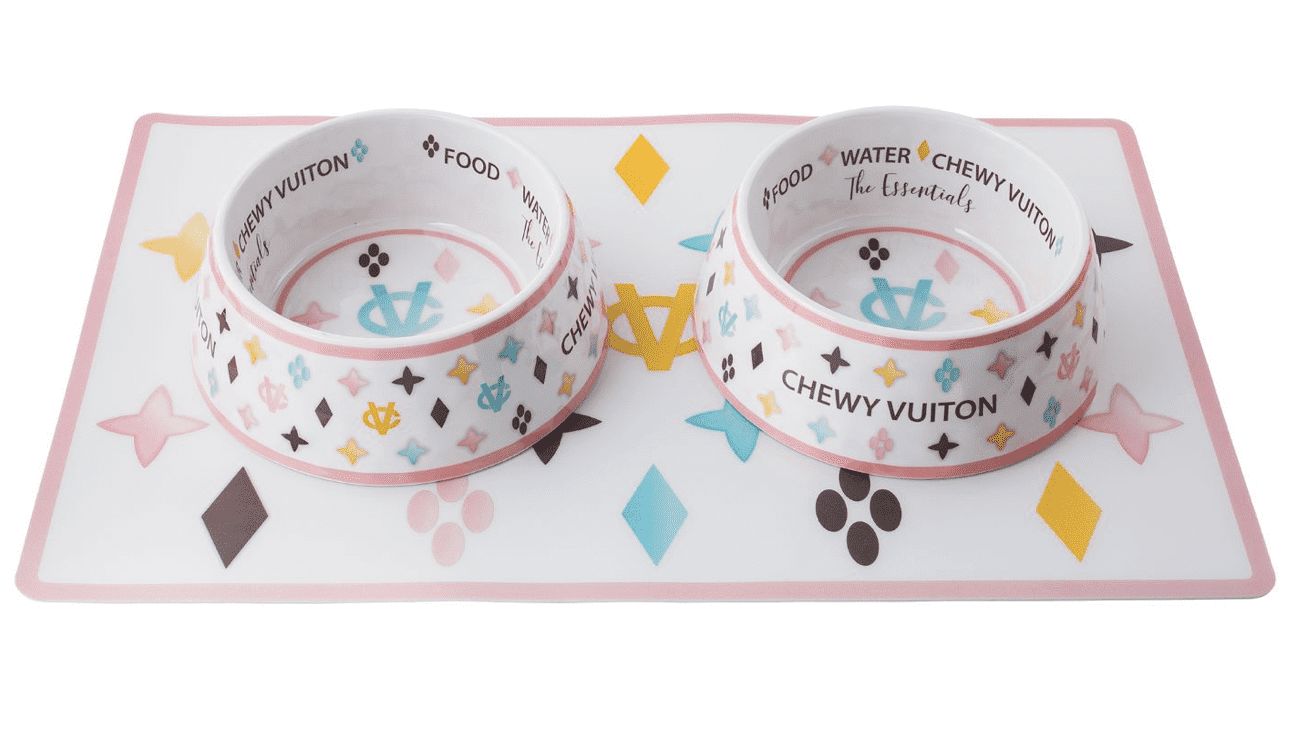 White Chewy Vuiton Pet Dinnerware.