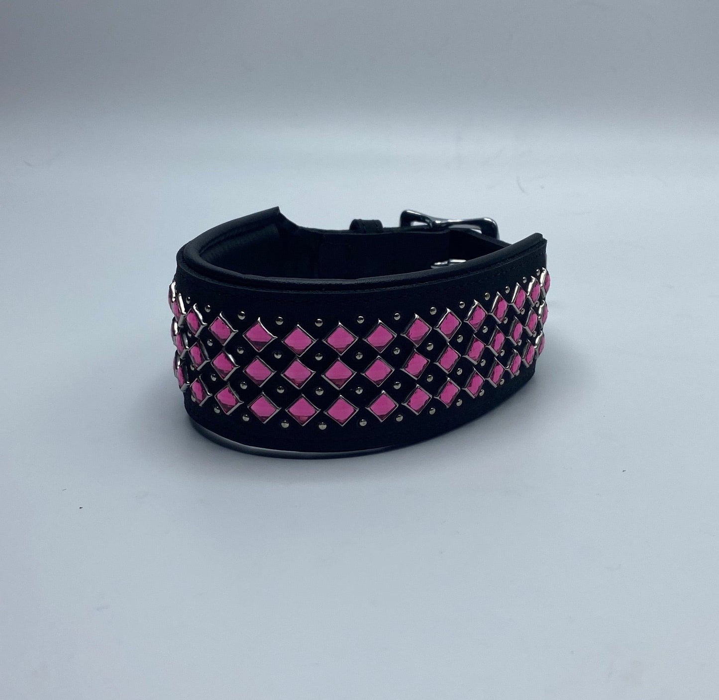Black Leather Collar w/Pink Rhinestones.