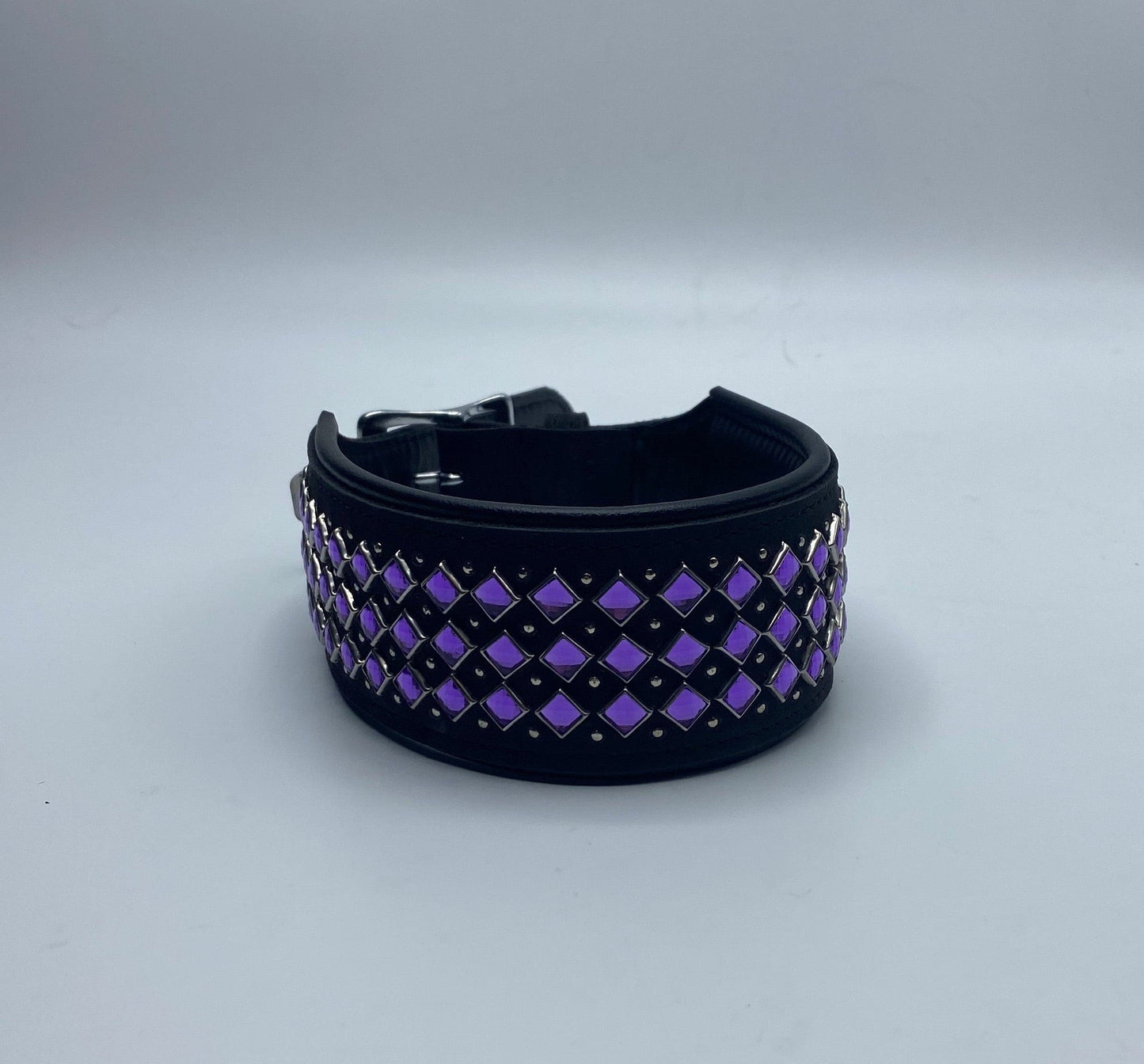 Black Leather Collar w/Purple Rhinestones.