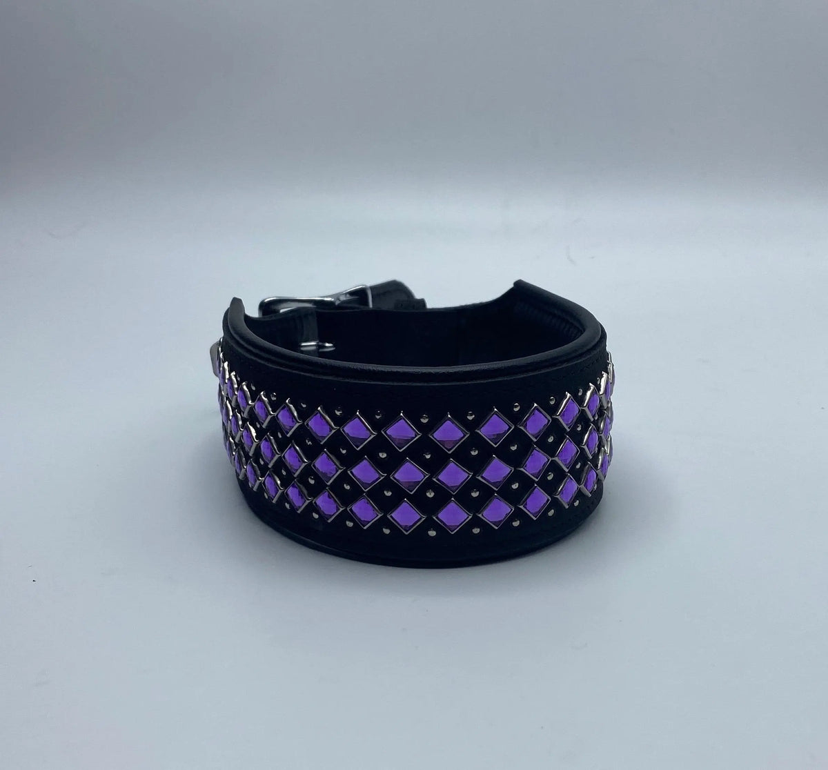 Black Leather Collar w/Purple Rhinestones.