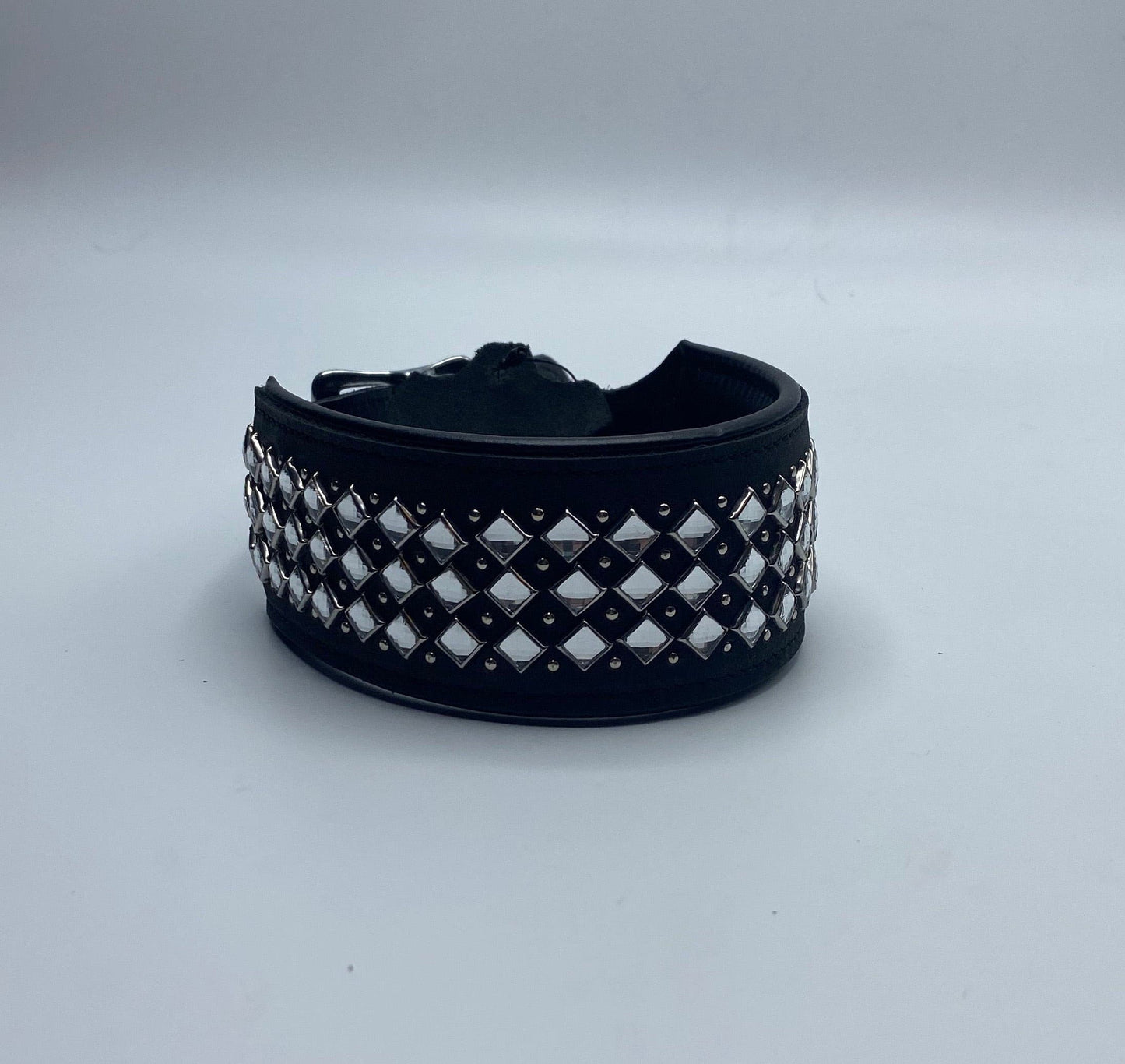Black Leather Collar w/Clear Rhinestones.