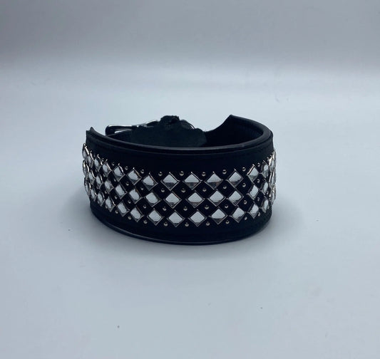 Black Leather Collar w/Clear Rhinestones.