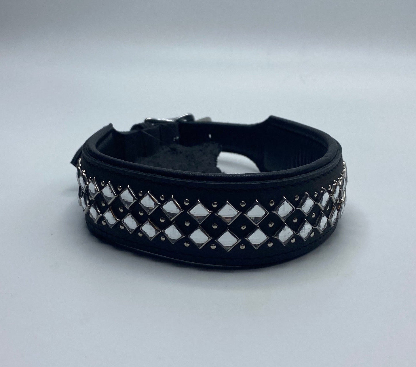 Black Leather Collar w/Clear Rhinestones.