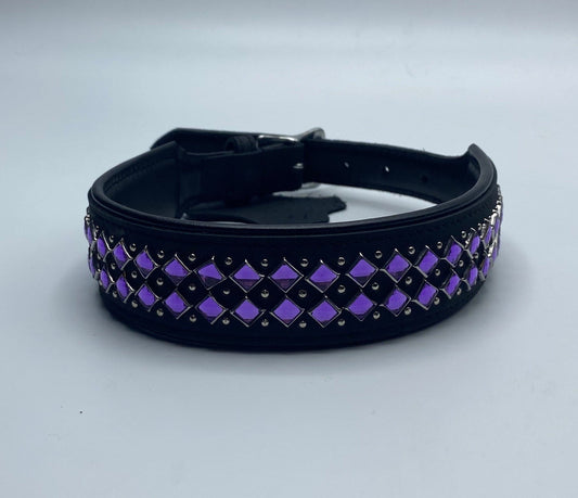 Black Leather Collar w/Purple Rhinestones.