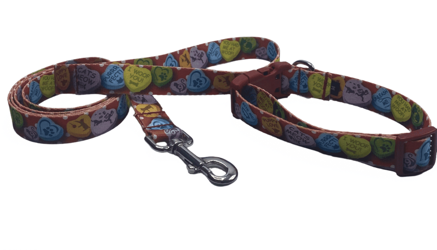 Valentine's Candy Hearts Dog Collars or leads/ (5/8" wide).