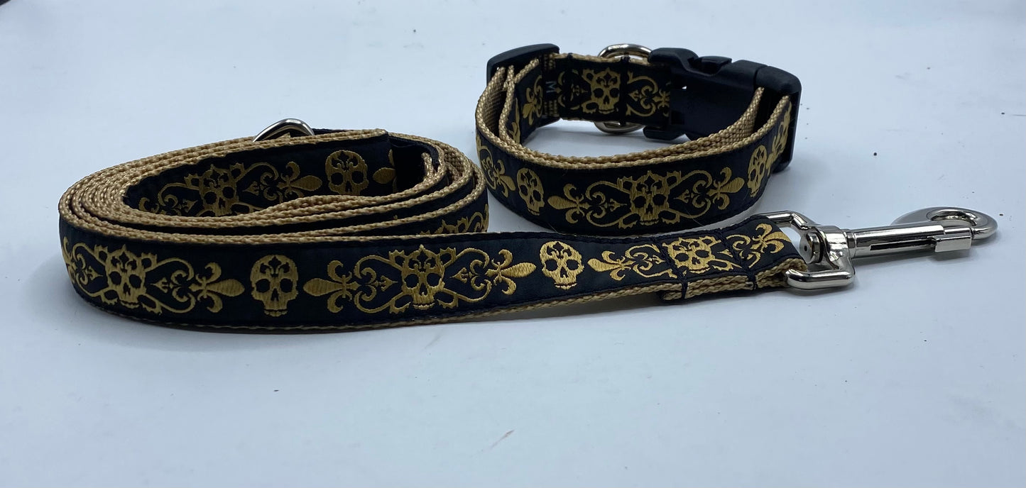 Gold Spooky Skulls Dog Collars or Leads (3/4" Wide)