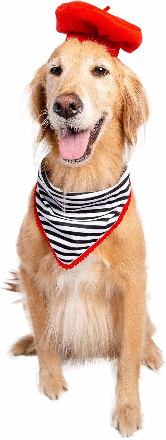 French Beret & Scarf Pet Costume - Two Piece Beret & Scarf Set - Dog & Cat Costume - One Size