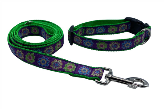 Purple Flower Power Ribbon Collars or Leads (1" Wide).