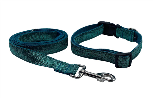 Teal Glitter Ribbon Nylon Collars & Leads (1" Wide).