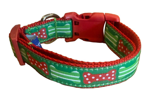 Holiday Bones Ribbon Collars or Leads (1" Wide) Red Backing .