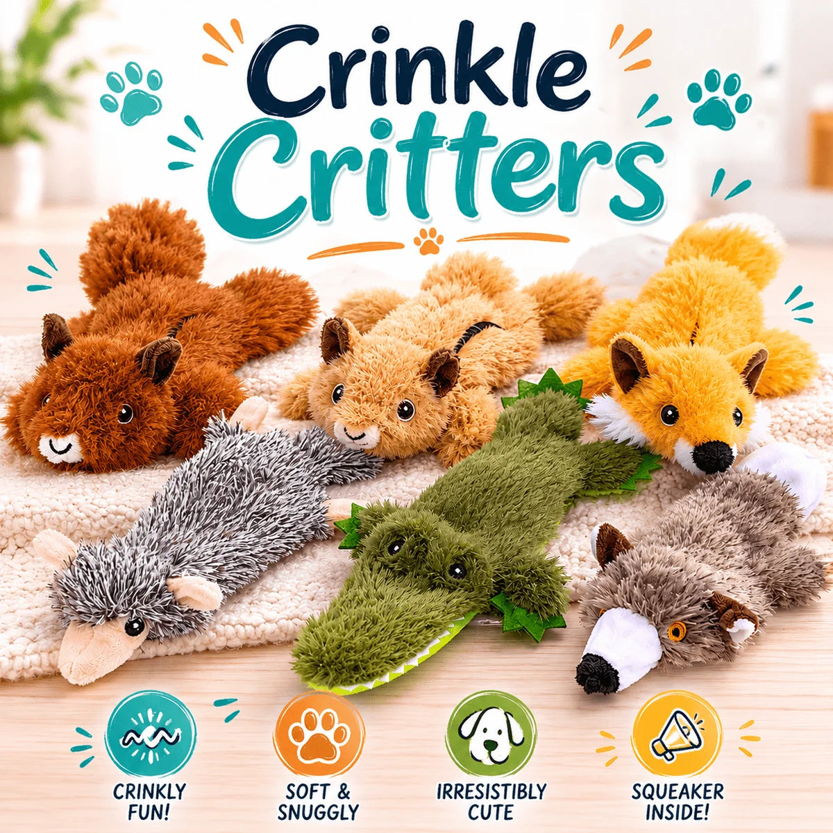 Crinkle Critters Stuffing-Free Dog Toy with Squeaker