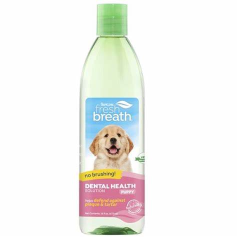 TropiClean Fresh Breath No Brushing Dental Health Solution for Puppies.