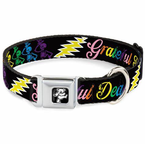 Dancing Bear Black/Silver Seatbelt Buckle Pet Collar - Grateful Dead Script w/ Bears & Skeletons Black/Multi Color.