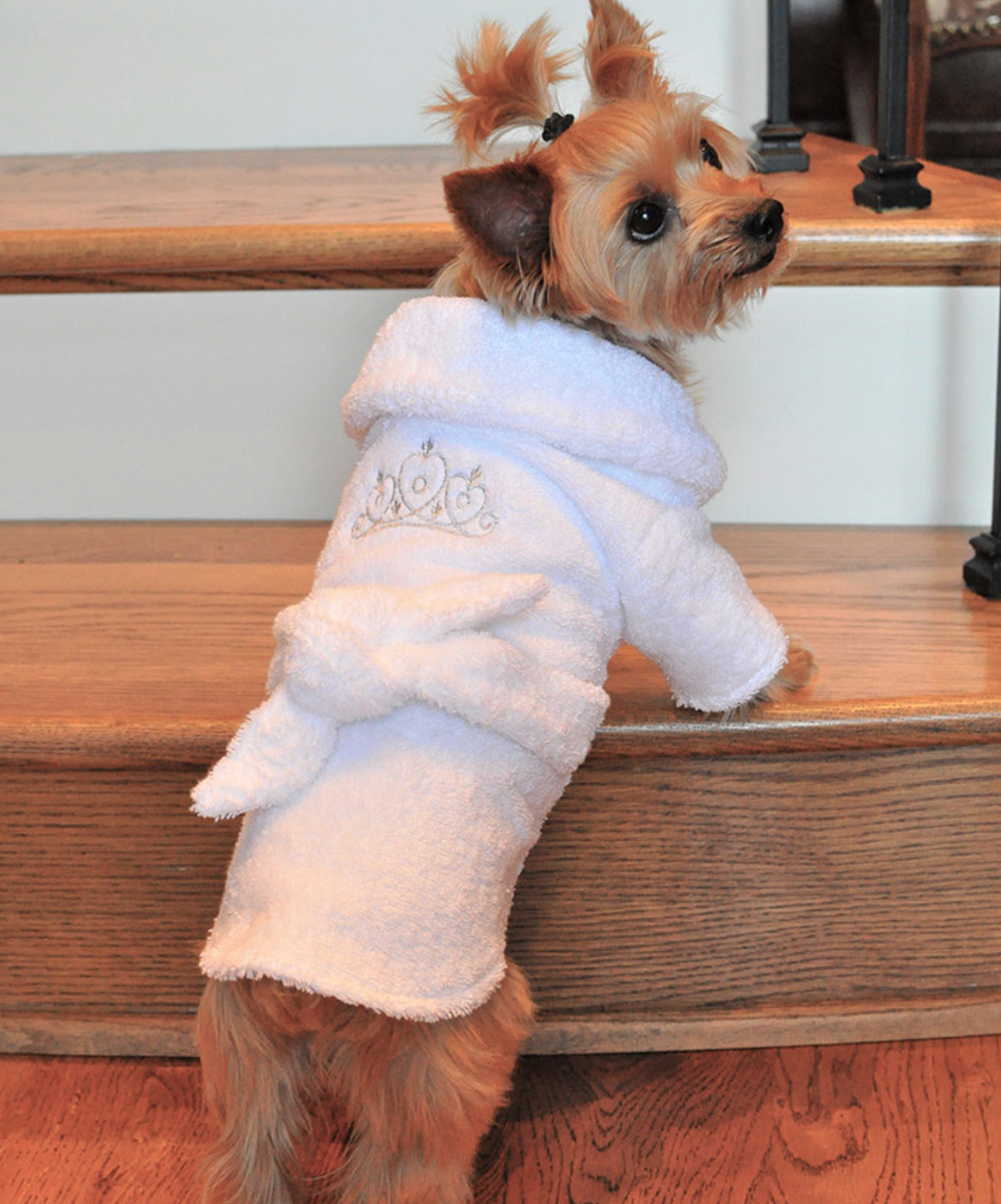 White Silver Tiara Pet Bathrobe 100% Soft Combed Cotton Terrycloth.