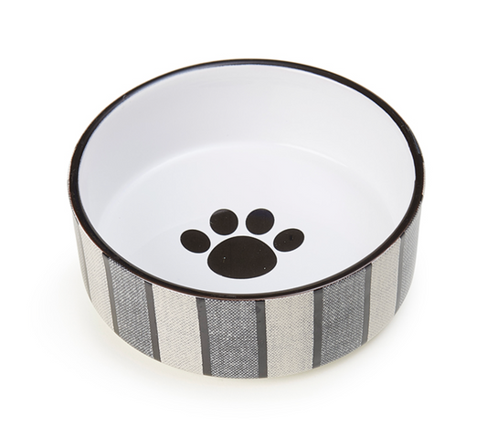 Pinstripe Gray Black Stoneware Pet Bowl.