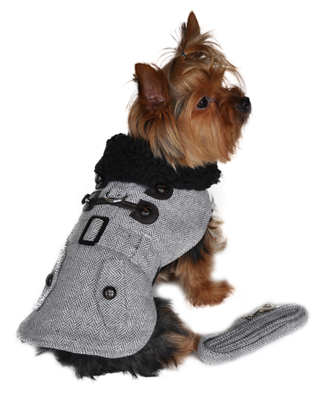 Grey Herringbone Dog Harness Coat with Matching Leash.