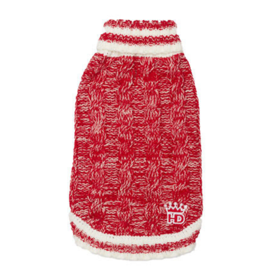 Red Cable Knit Pet Sweater with Red/White Turtleneck.