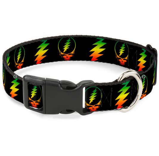 Plastic Clip Dog Collar -Steal Your Face w/Lightning Bolt Repeat Black/Rasta.